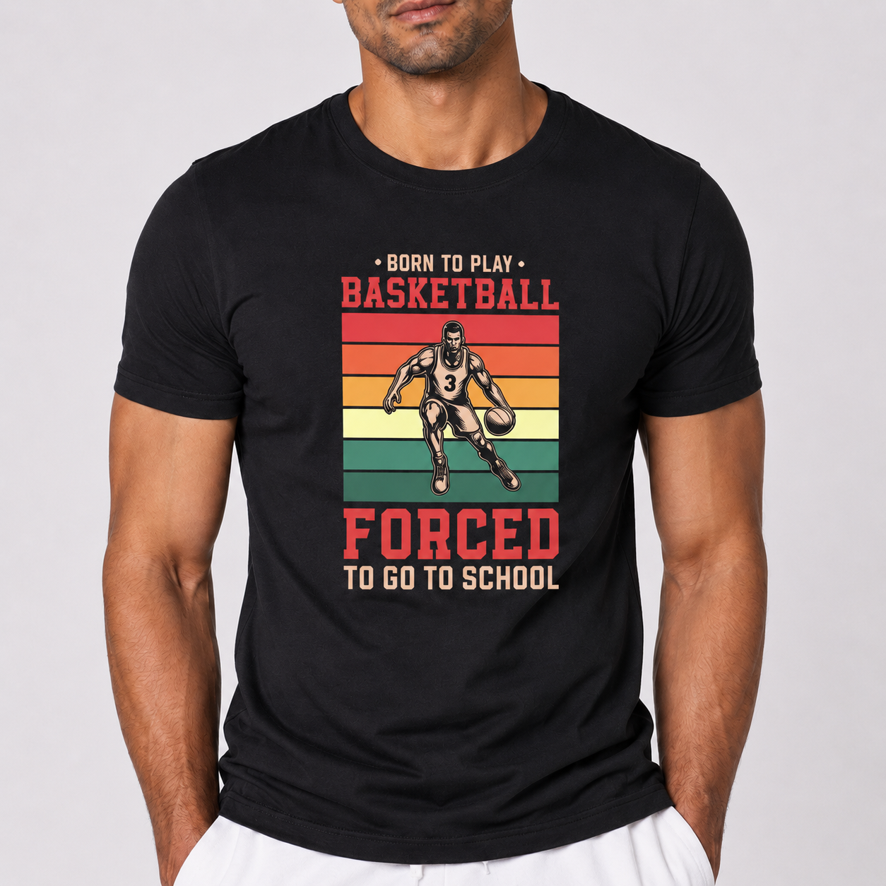 Retro Basketball Slogan T-Shirt Front View - Vintage Striped Graphic Print Black Half Sleeve Cotton Tee Men