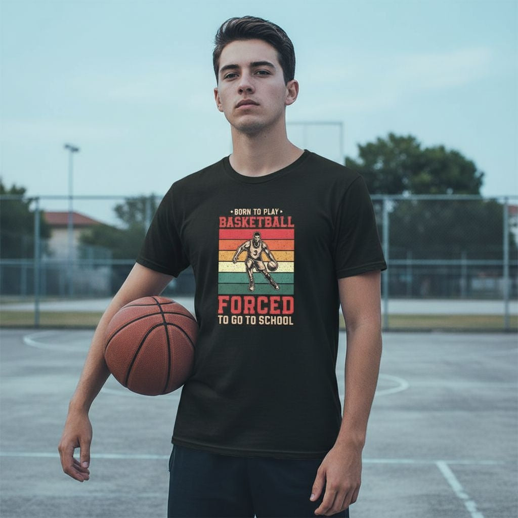 Men Wearing Retro Basketball Graphic T-Shirt on Court - Funny Basketball Gift Tee for Players and Fans