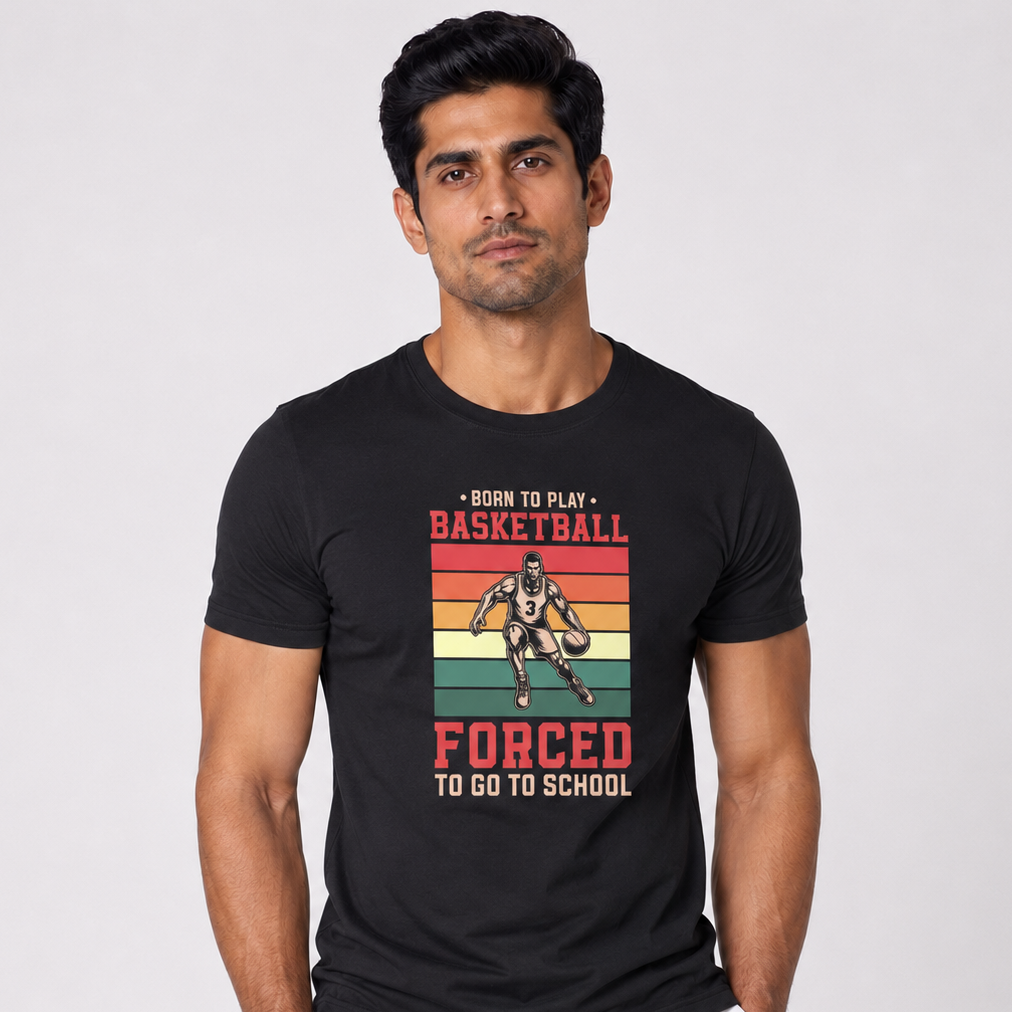  Men's Retro Style Basketball Graphic T-Shirt - Born to Play Basketball Forced to Go to School Black Cotton Tee
