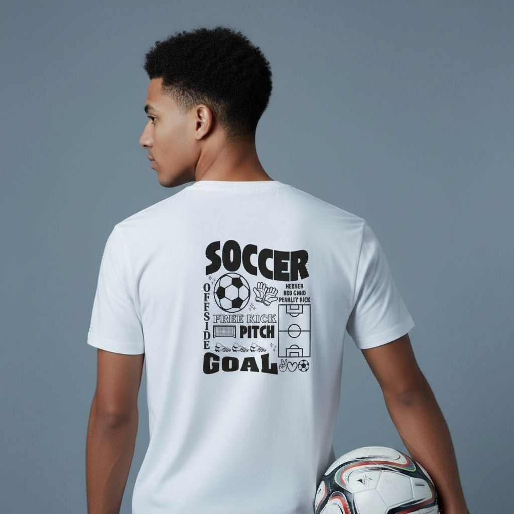 Soccer Doodle T-Shirt Back View - Soccer Pitch Goal Doodle Typography Graphic White Cotton Tee with Football