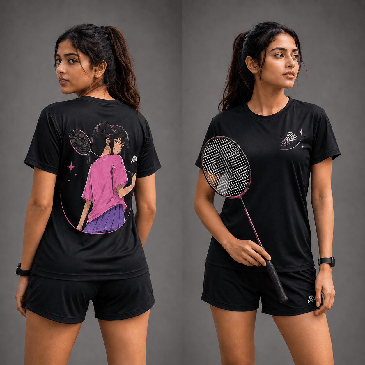 Woman wearing a black t-shirt with a graphic design on the back, holding a badminton racket.