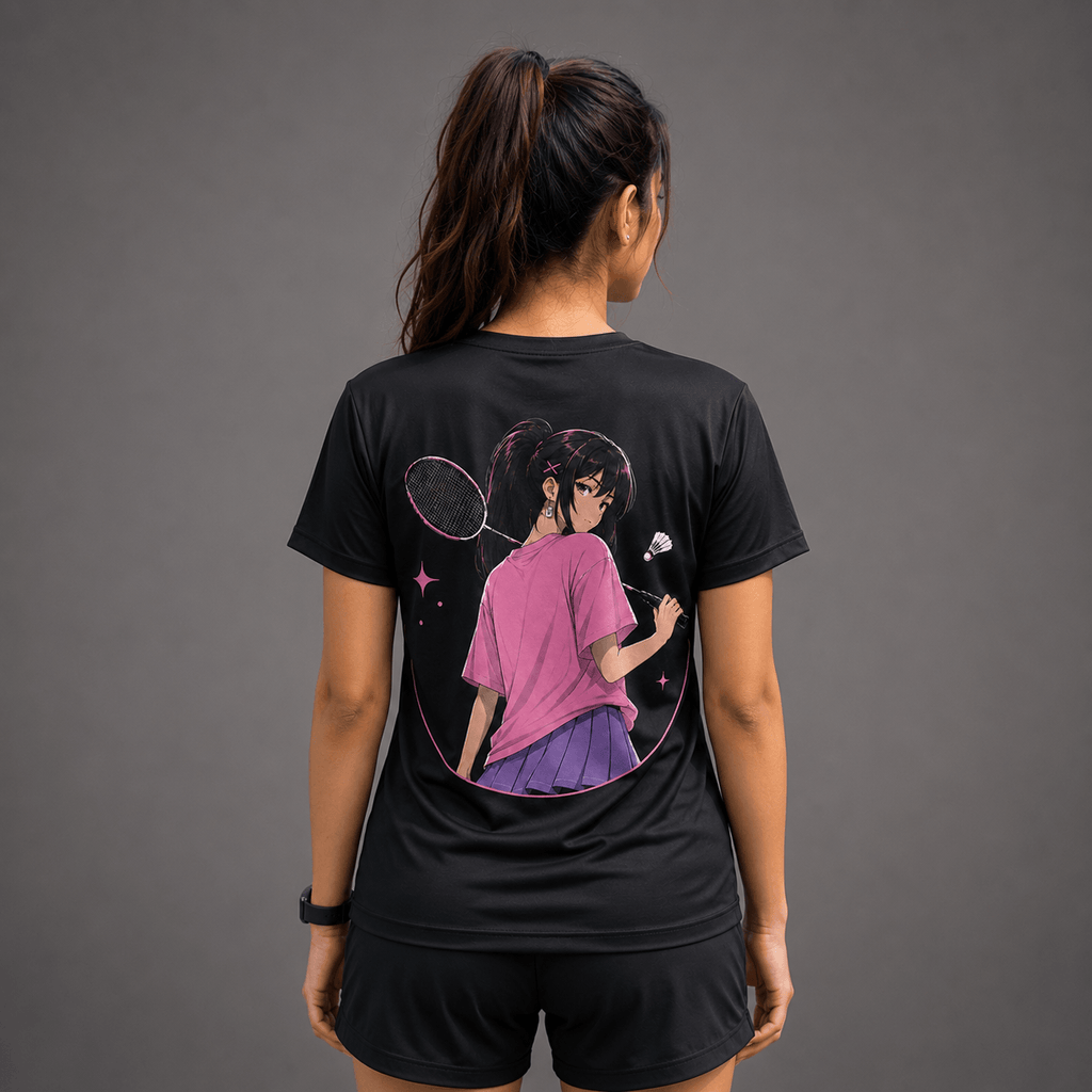Person wearing a badminton t-shirt with a graphic design on the back against a gray background