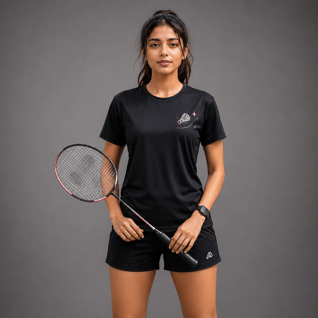 Woman holding a badminton racket wearing a black sports outfit on a gray background