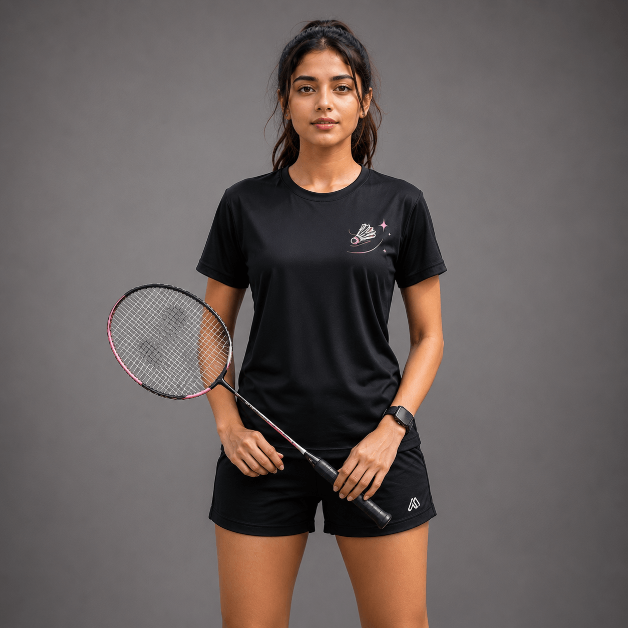 Woman holding a badminton racket wearing a black sports outfit on a gray background