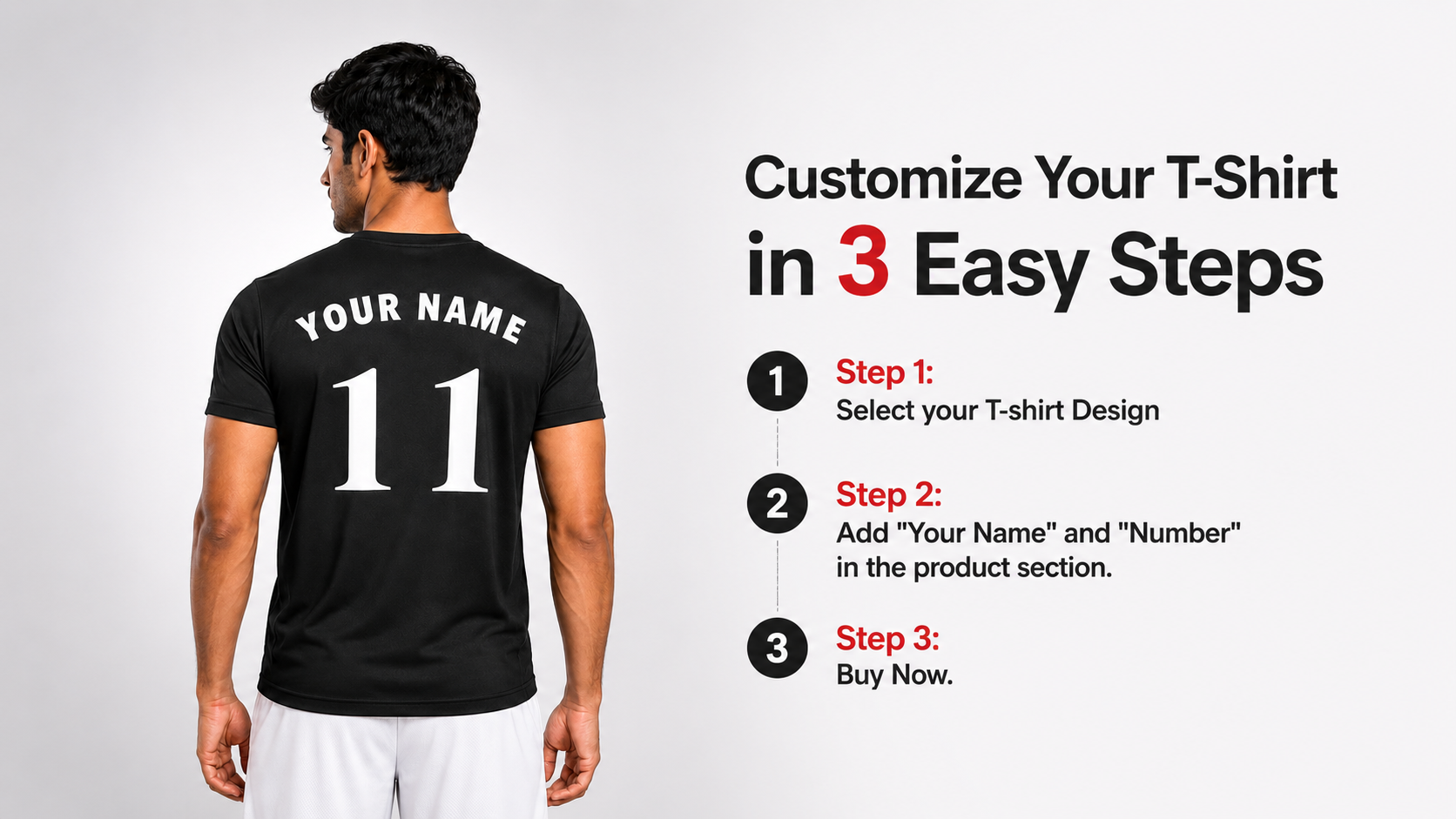 Person wearing a black t-shirt with customizable text, showing steps to customize the t-shirt.