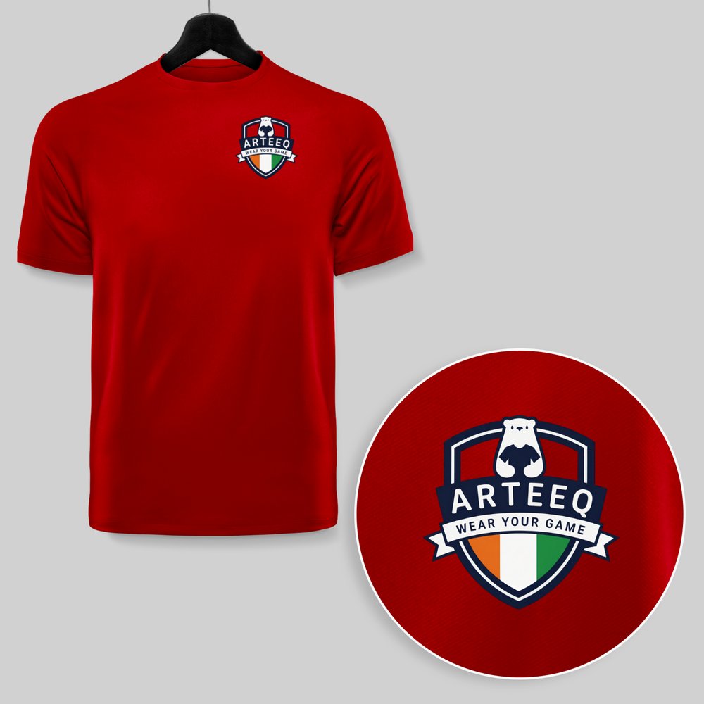Badminton Rally Ruler Red Sports T-Shirt with Arteeo Brand Badge - Dry Fit Polyester Graphic Tee Flat Lay