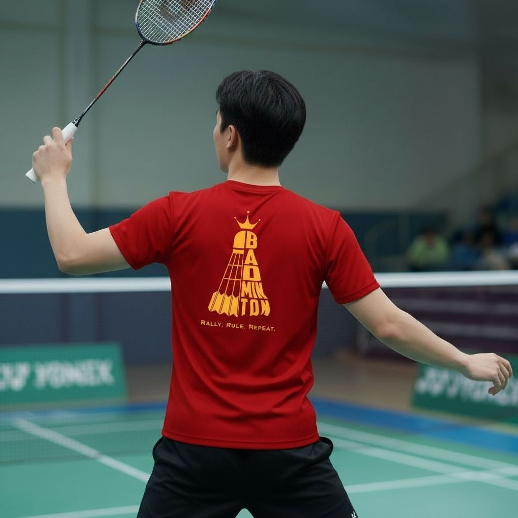 Men Playing Badminton in Red Rally Ruler Sports T-Shirt - Breathable Dry Fit Graphic Tee on Badminton Court