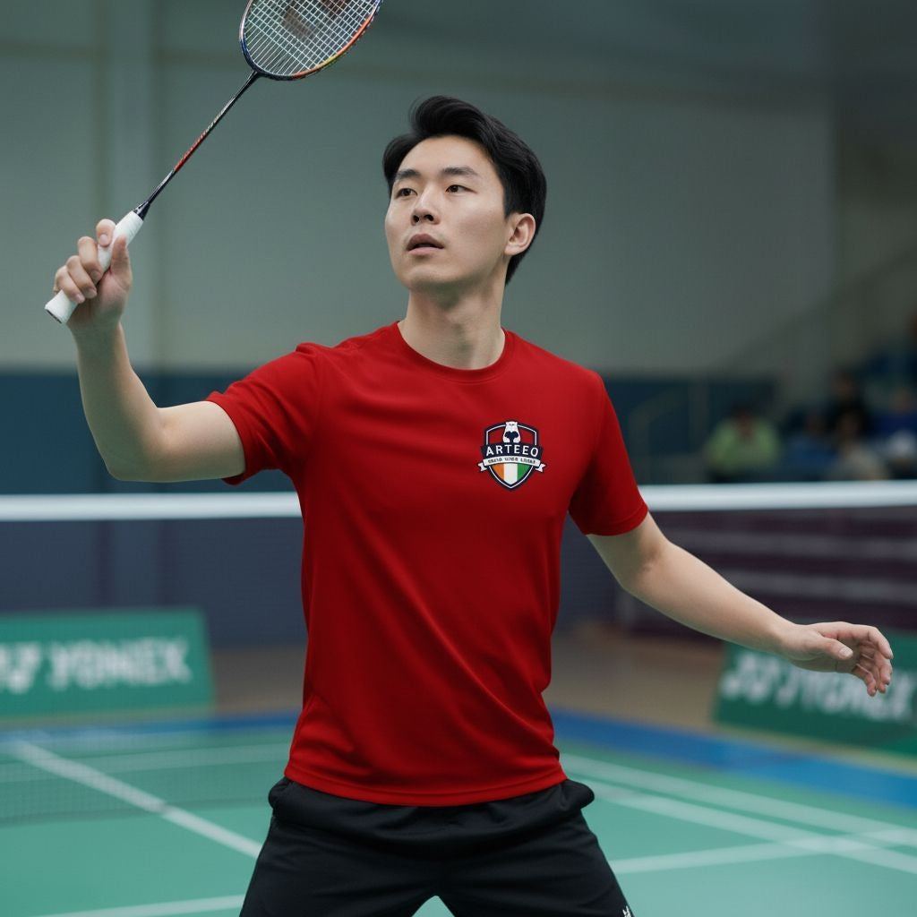 Badminton Player Wearing Red Dry-Fit Rally Ruler T-Shirt During Smash - Lightweight Sports Tee for Court