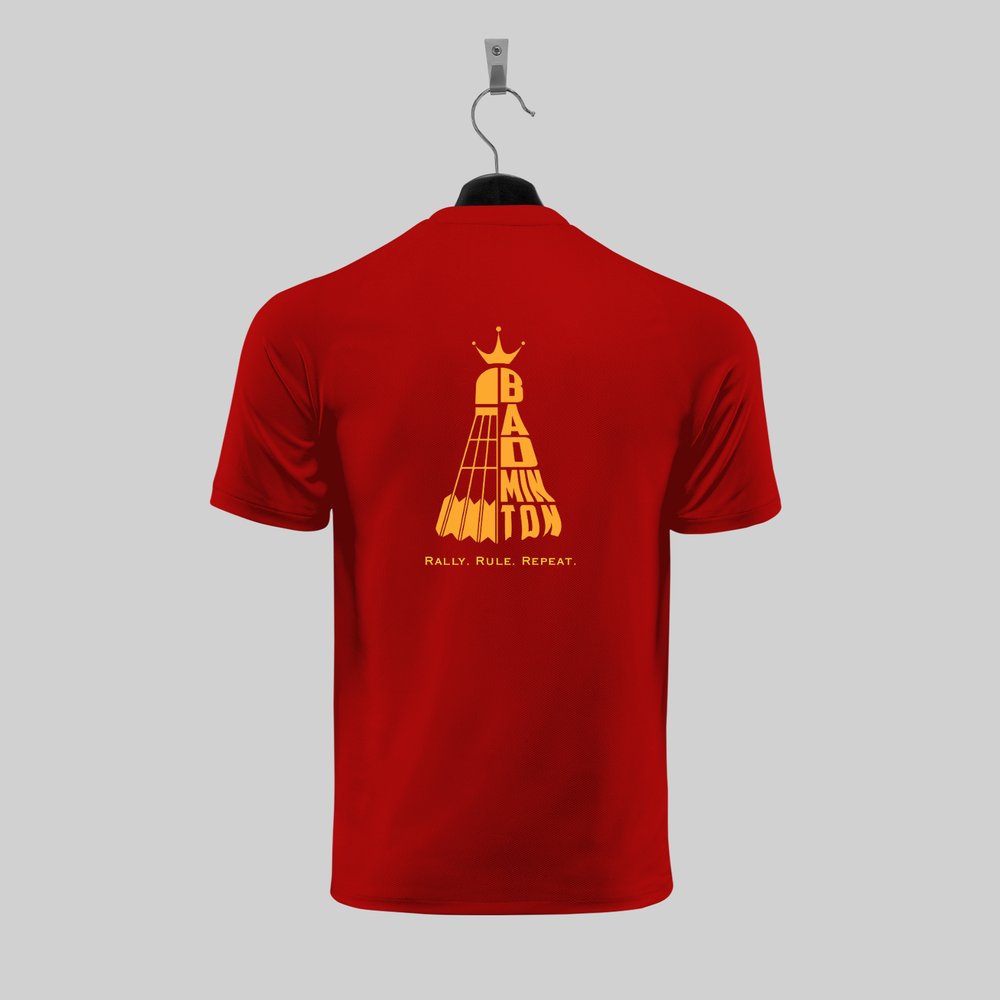 Badminton Rally Ruler Red T-Shirt Back Graphic on Hanger - Gold Crown Typography Dry Fit Polyester Sports Tee