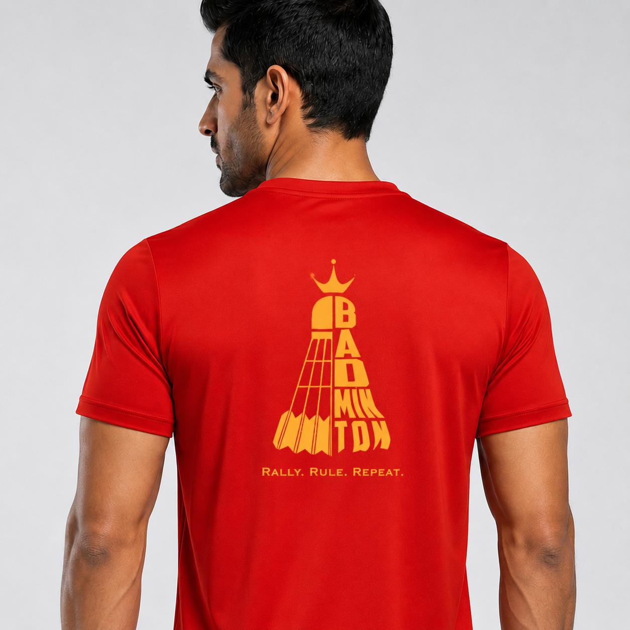 Men's Dry-Fit Badminton Rally Ruler T-Shirt Back View - Gold Crown Badminton Typography Red Polyester Sports Tee