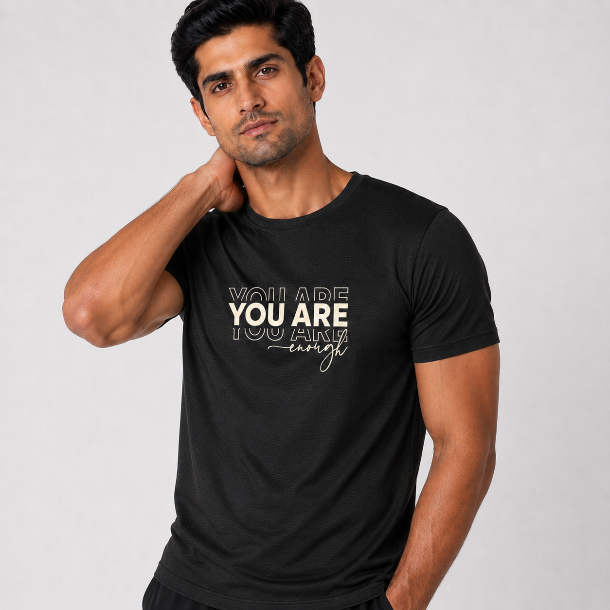Men's Dry-Fit Activewear You Are Enough T-Shirt Front View - Motivational Never Quit Graphic Black 170 GSM Breathable Polyester Tee