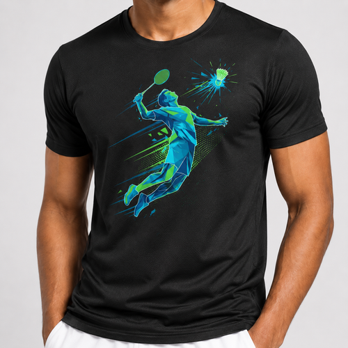 Black Badminton Aero Smash T-Shirt Front View - 170 GSM Dry Fit Polyester Half Sleeve Men's Sports Tee