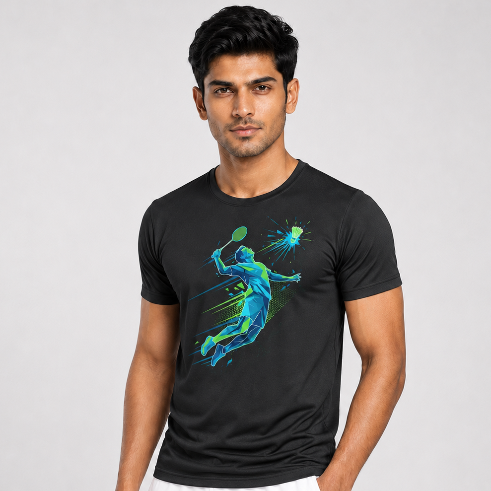 Men's Dry-Fit Badminton Aero Smash Graphic T-Shirt - Breathable Lightweight Polyester Sports Tee Black