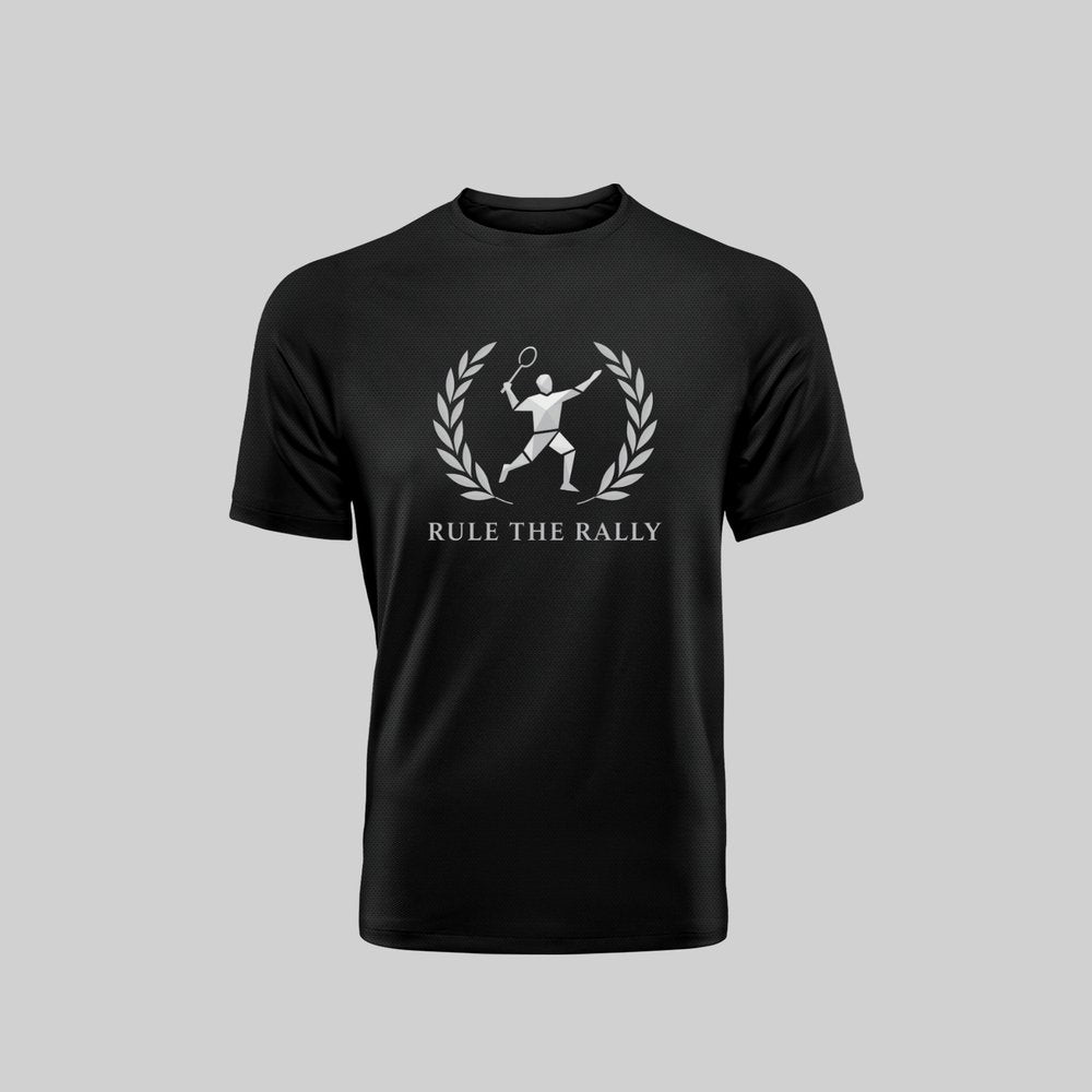 Badminton Rule the Rally Black Sports T-Shirt Flat Lay - Minimalist Laurel Wreath Graphic Dry Fit Polyester Tee