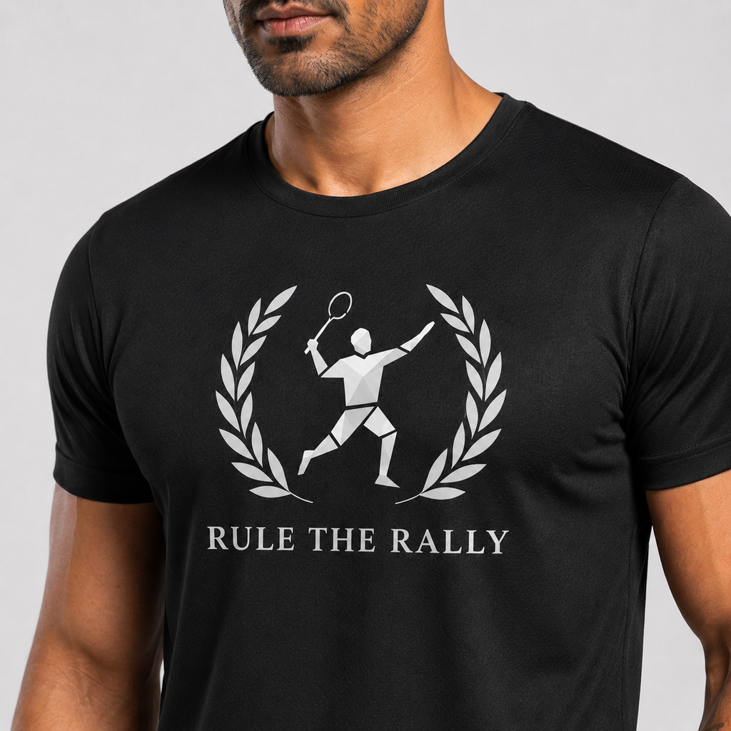 Men's Dry-Fit Badminton Rule the Rally T-Shirt - White Laurel Wreath Player Graphic Black Polyester Sports Tee