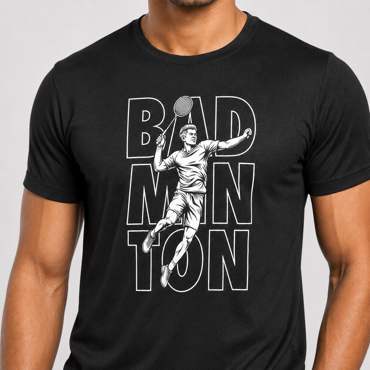 Black Badminton Smash Mode Dry-Fit T-Shirt Flat Lay - 170 GSM Breathable Polyester Half Sleeve Men's Sports Tee