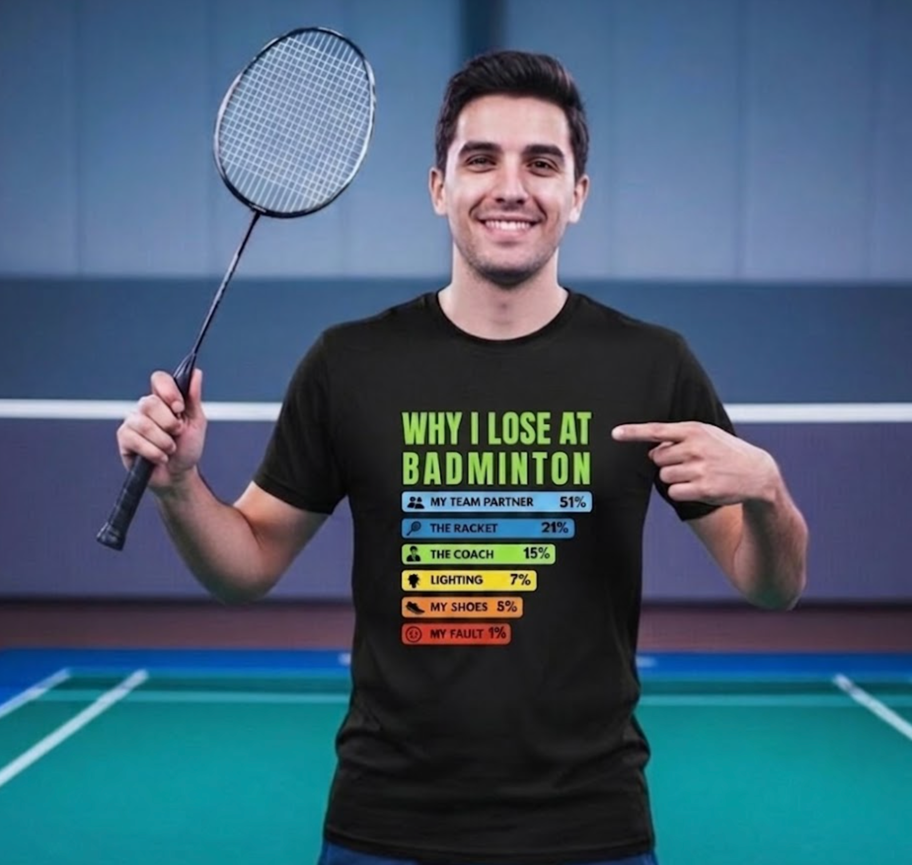 Men Wearing Funny Badminton Blame Game T-Shirt on Court - Why I Lose at Badminton Graphic Tee for Players and Fans #color_black