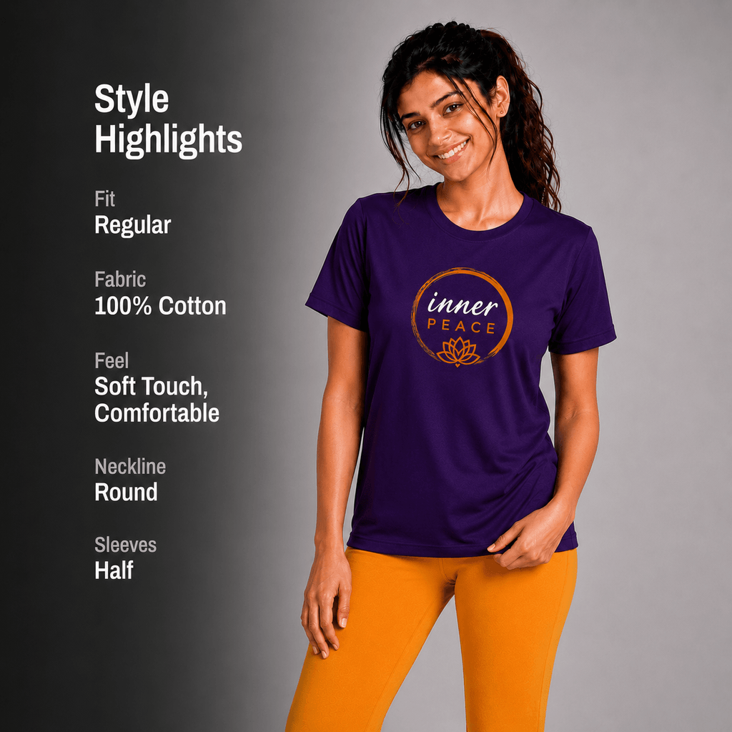 Woman wearing a purple yoga t-shirt with 'inner peace' logo and orange pants on a gray background