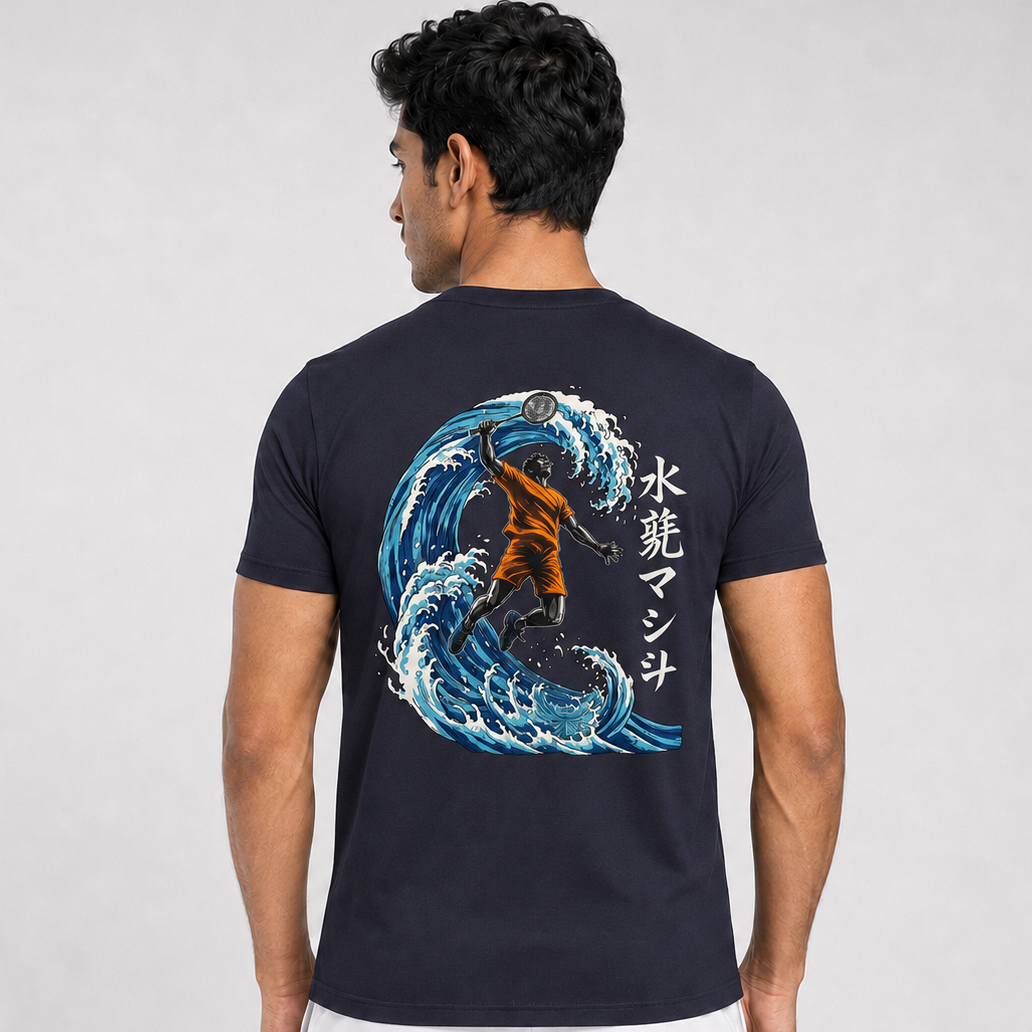 Men's Cotton Badminton Anime Graphic T-Shirt Back View - Water Wave Japanese Design Navy Blue
