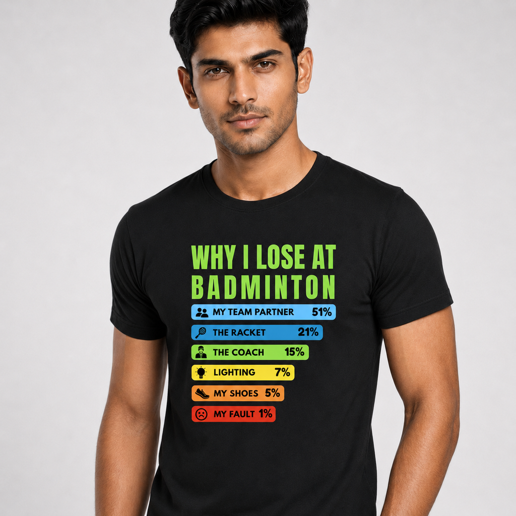 Black Badminton Blame Game T-Shirt Full Model View - Funny Why I Lose at Badminton Stats Chart Graphic 180 GSM Cotton Half Sleeve Tee #color_black
