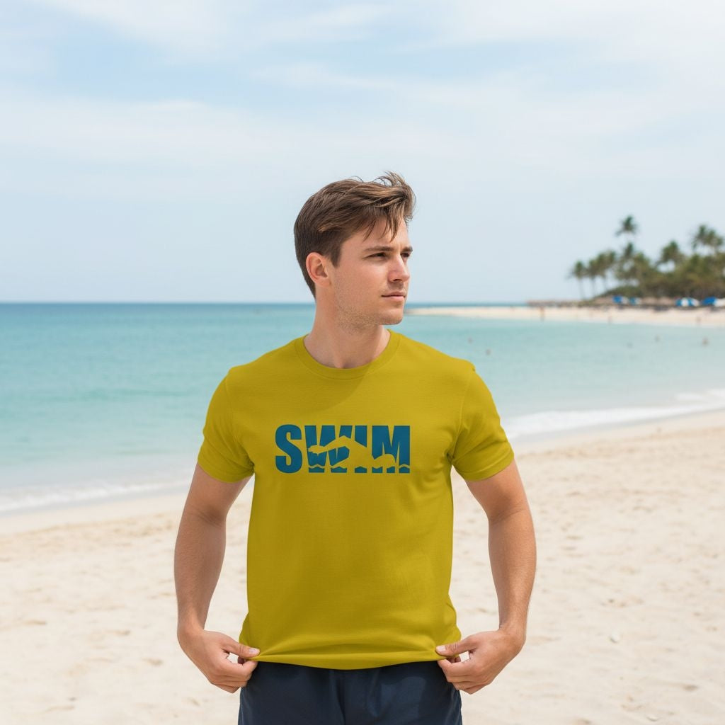  Men's Yellow Mustard Swimming T-Shirt Beach Lifestyle Shot - Swim Figure Graphic Cotton Tee for Swimmers Fans and Gifts Outdoors