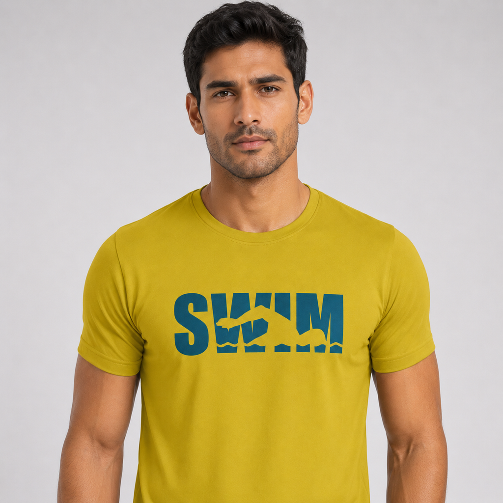 Yellow Mustard Swimming Graphic T-Shirt Full Model View - Men's Swim Figure Bold Print 100% Soft Cotton 180 GSM Half Sleeve Tee