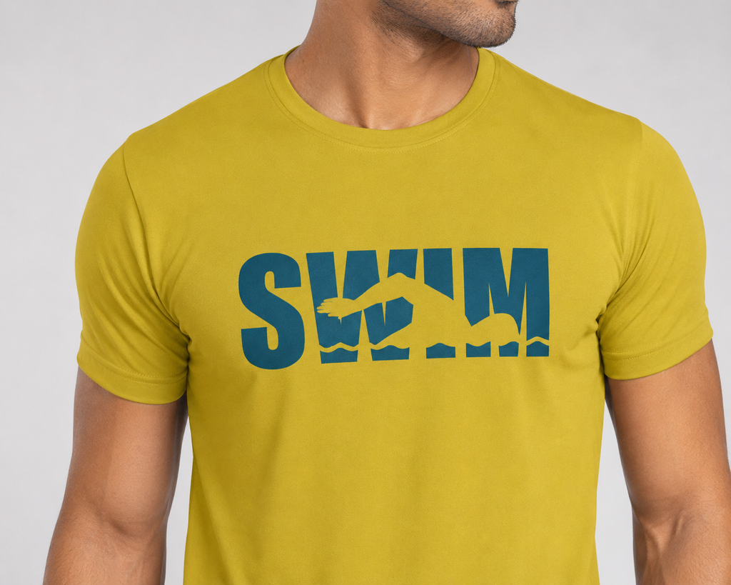 Men's Cotton Swimming Swim Figure T-Shirt Front Close-Up - Bold SWIM Swimmer Figure Graphic Yellow Mustard Cotton Tee