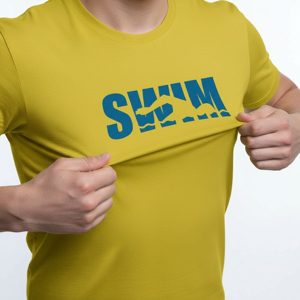 Swimming Swim Figure Cotton T-Shirt Graphic Detail Shot - Bold Blue SWIM Typography Swimmer Print Yellow Mustard Men's Tee