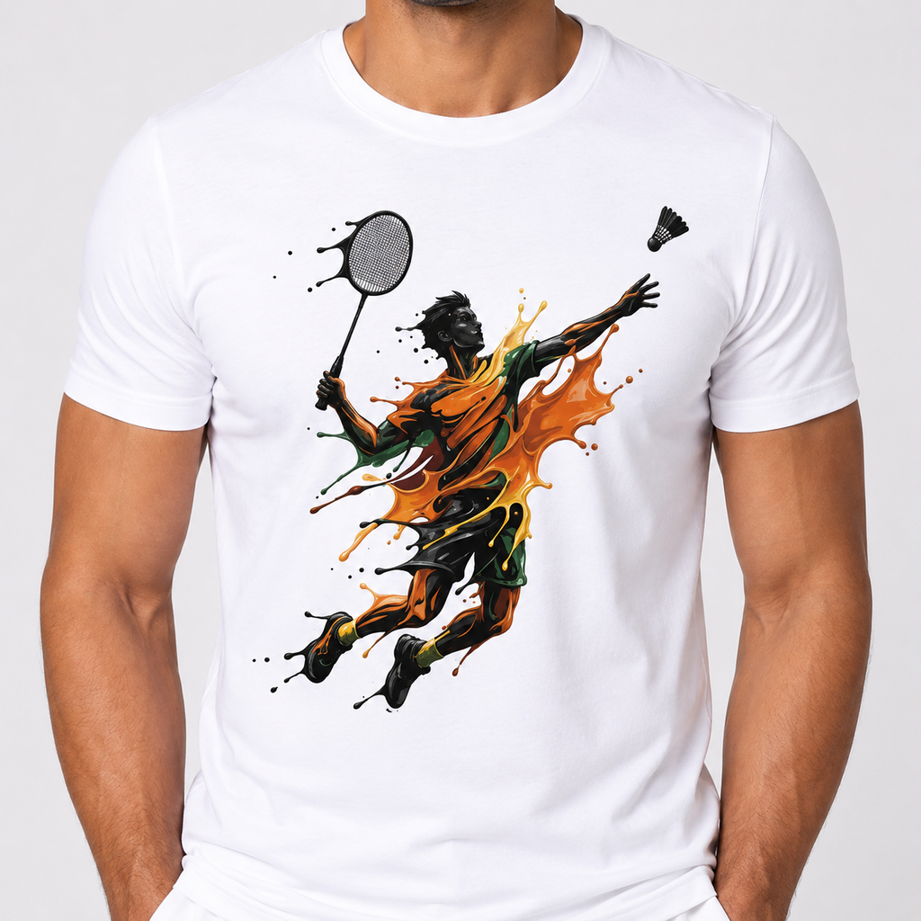 en's Dry-Fit Badminton Paint Smash T-Shirt White - Colorful Smash Action Player Graphic 130 GSM Breathable Polyester Sports Tee
