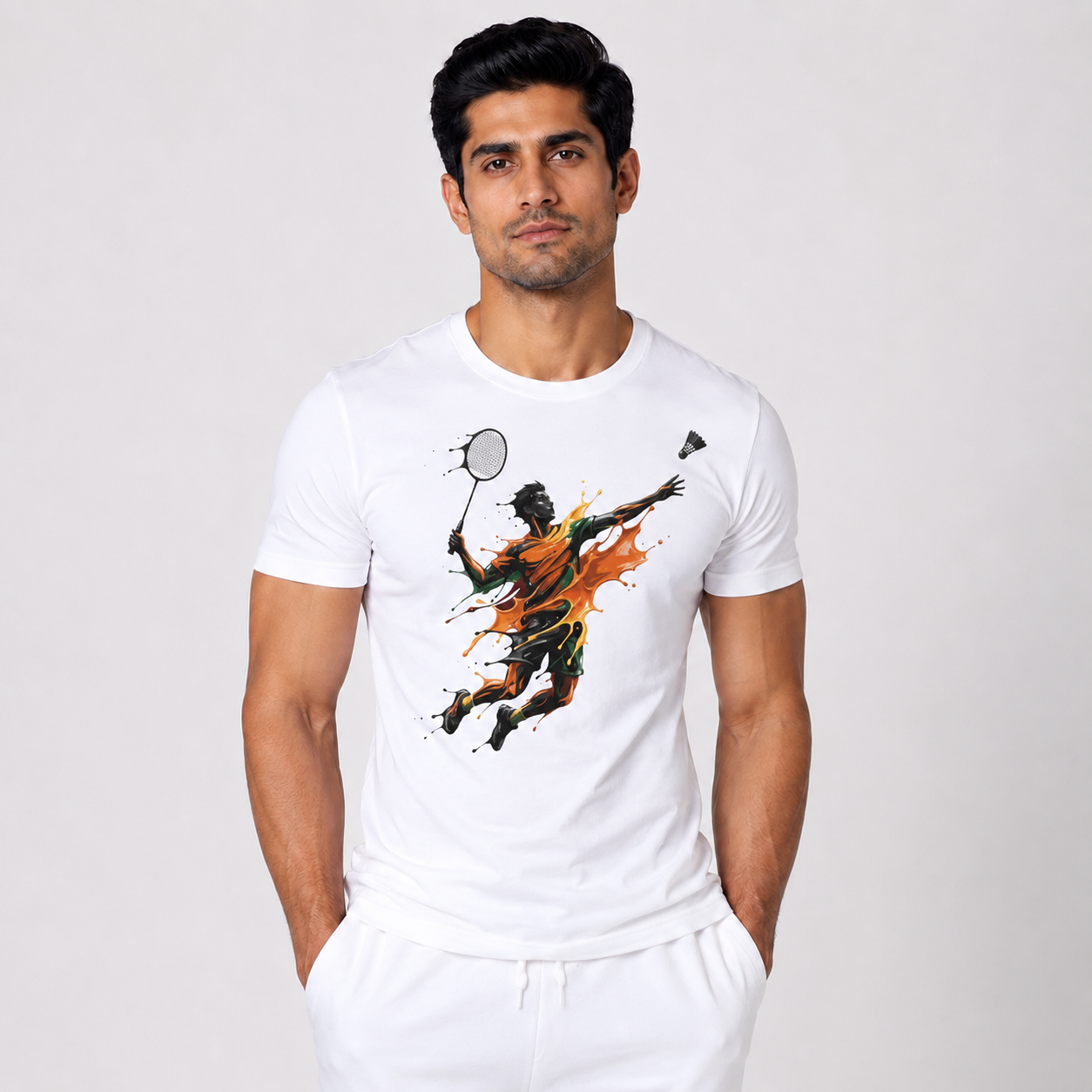 White Badminton Paint Smash Dry-Fit T-Shirt Full Model View - Lightweight 130 GSM Breathable Polyester Half Sleeve Men's Sports Tee