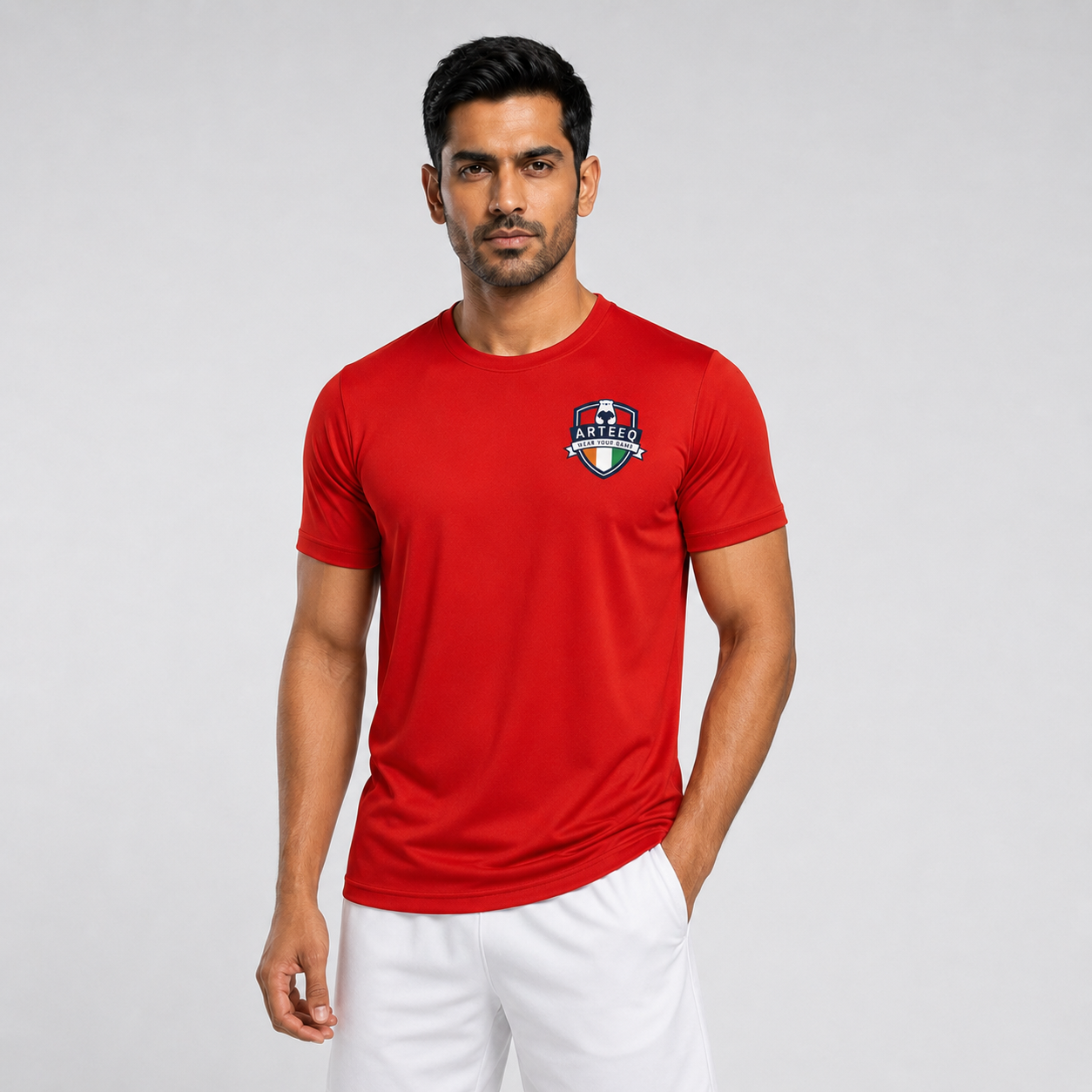 Red Badminton Rally Ruler Dry-Fit T-Shirt Front View - 170 GSM Breathable Lightweight Men's Sports Tee