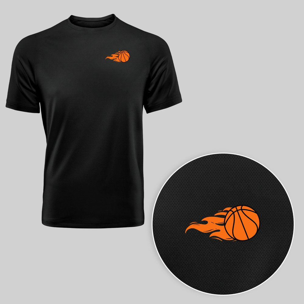 Basketball Fire Graphic Black Dry-Fit T-Shirt Flat Lay - Flaming Basketball Orange Badge Print 170 GSM Polyester Men's Tee