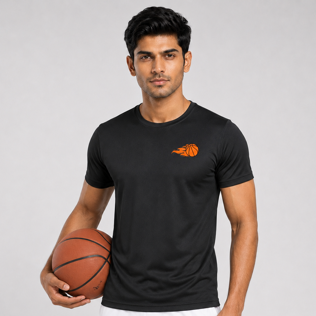 Black Basketball Fire Dry-Fit T-Shirt Lifestyle Shot - Men's 170 GSM Breathable Lightweight Polyester Sports Tee with Basketball
