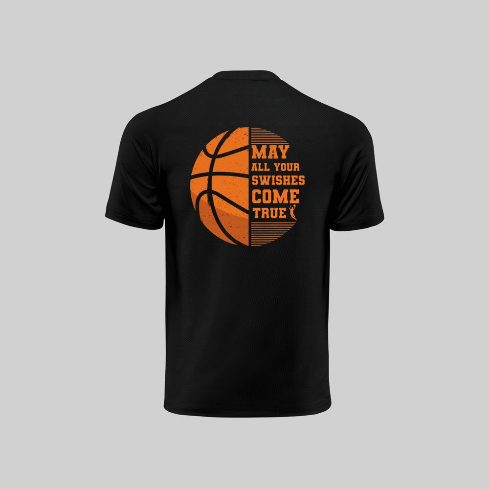 May All Your Swishes Come True Basketball T-Shirt Back Graphic - Orange Fire Basketball Print Black Dry-Fit Polyester Sports Tee