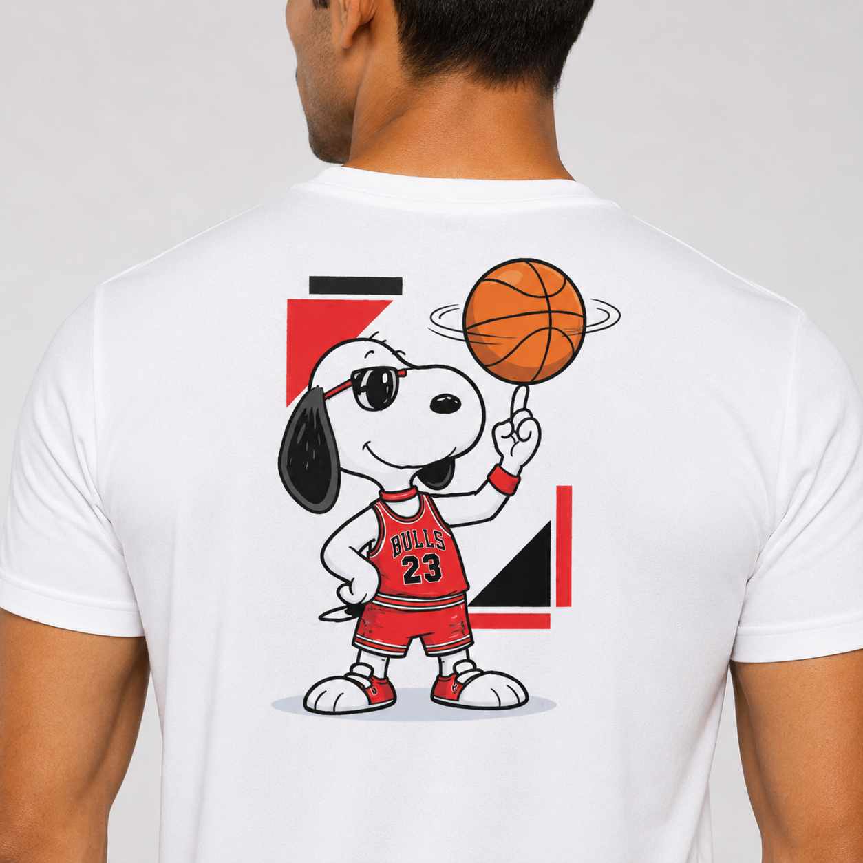 Men's Dry-Fit Basketball Graphic T-Shirt Back View - Cartoon Dog Basketball Player Number 23 White Polyester Sports Tee