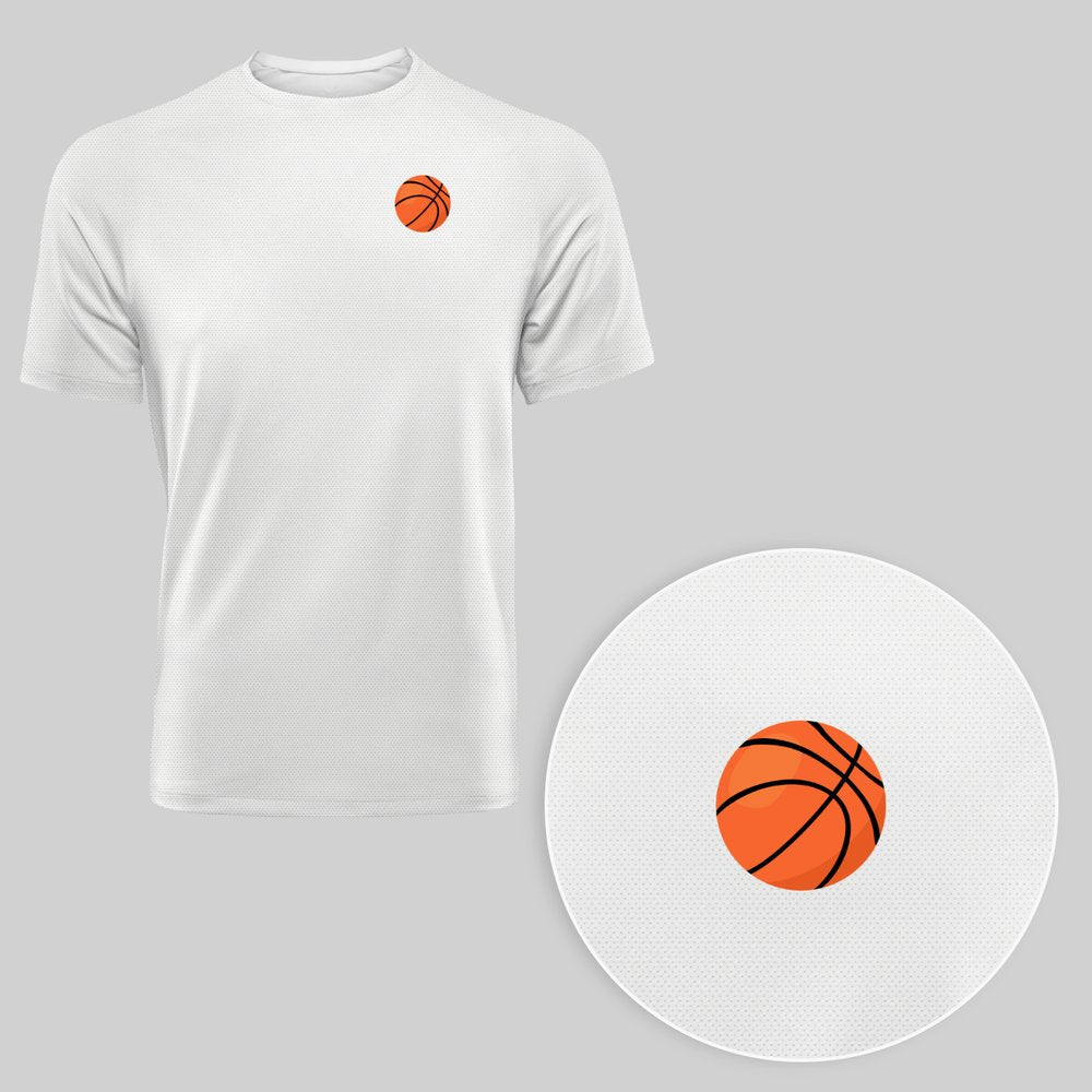 Men's White Basketball Graphic Sports T-Shirt with Orange Basketball Badge - 170 GSM Dry Fit Lightweight Polyester Tee