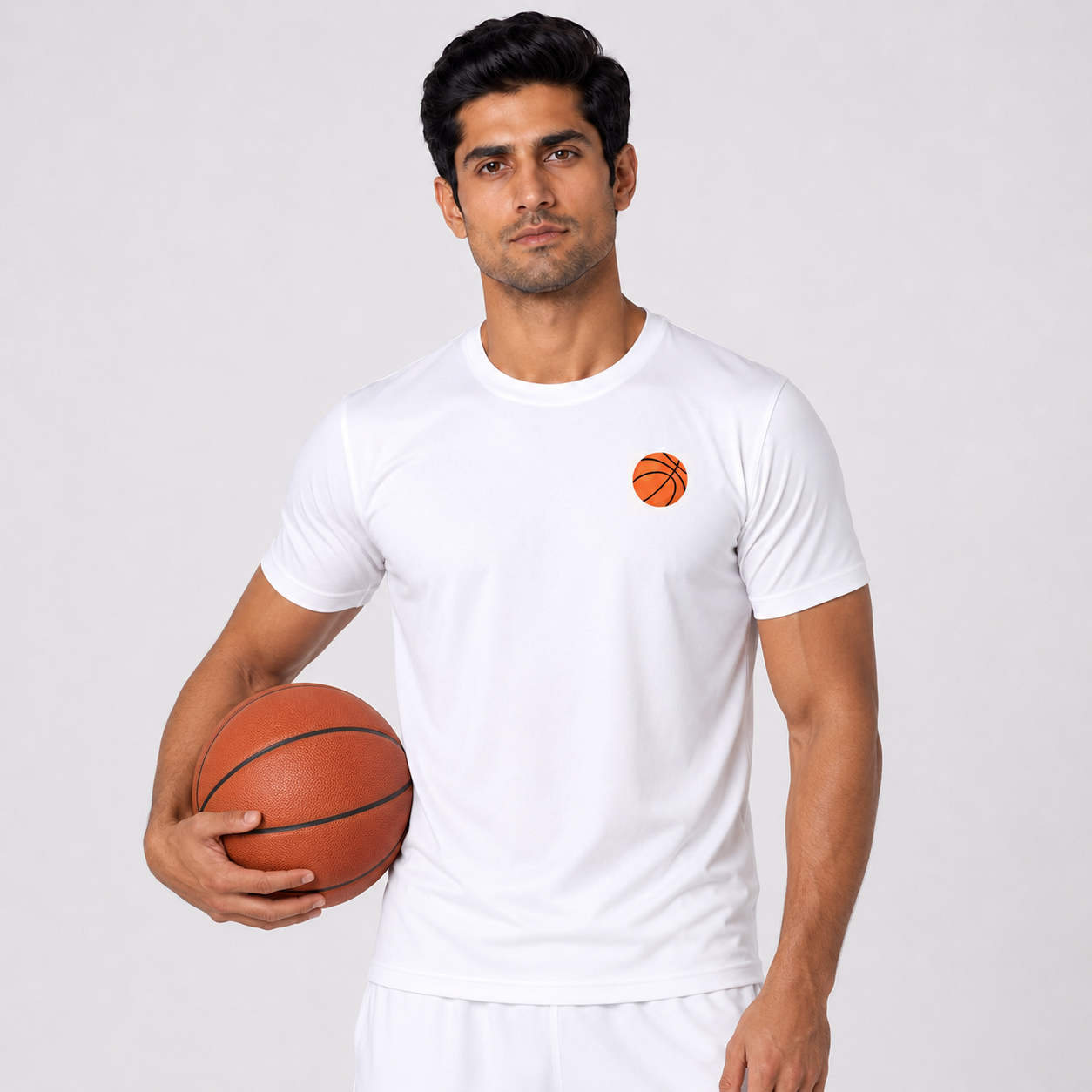  White Basketball Graphic Dry-Fit T-Shirt Lifestyle Shot - Men's 170 GSM Breathable Polyester Sports Tee with Basketball