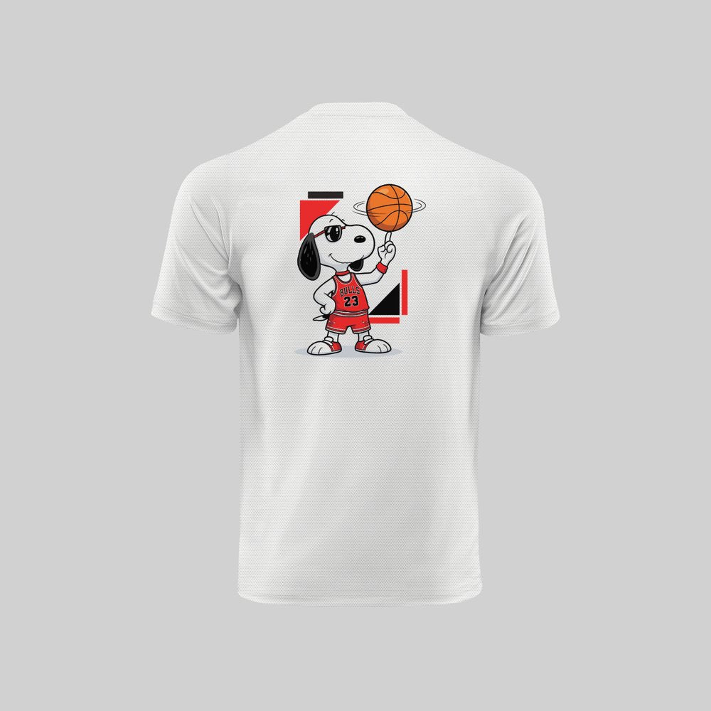 Basketball Cartoon Dog Graphic White Dry-Fit T-Shirt Flat Lay - Funny Basketball Player Print Breathable Polyester Men's Tee