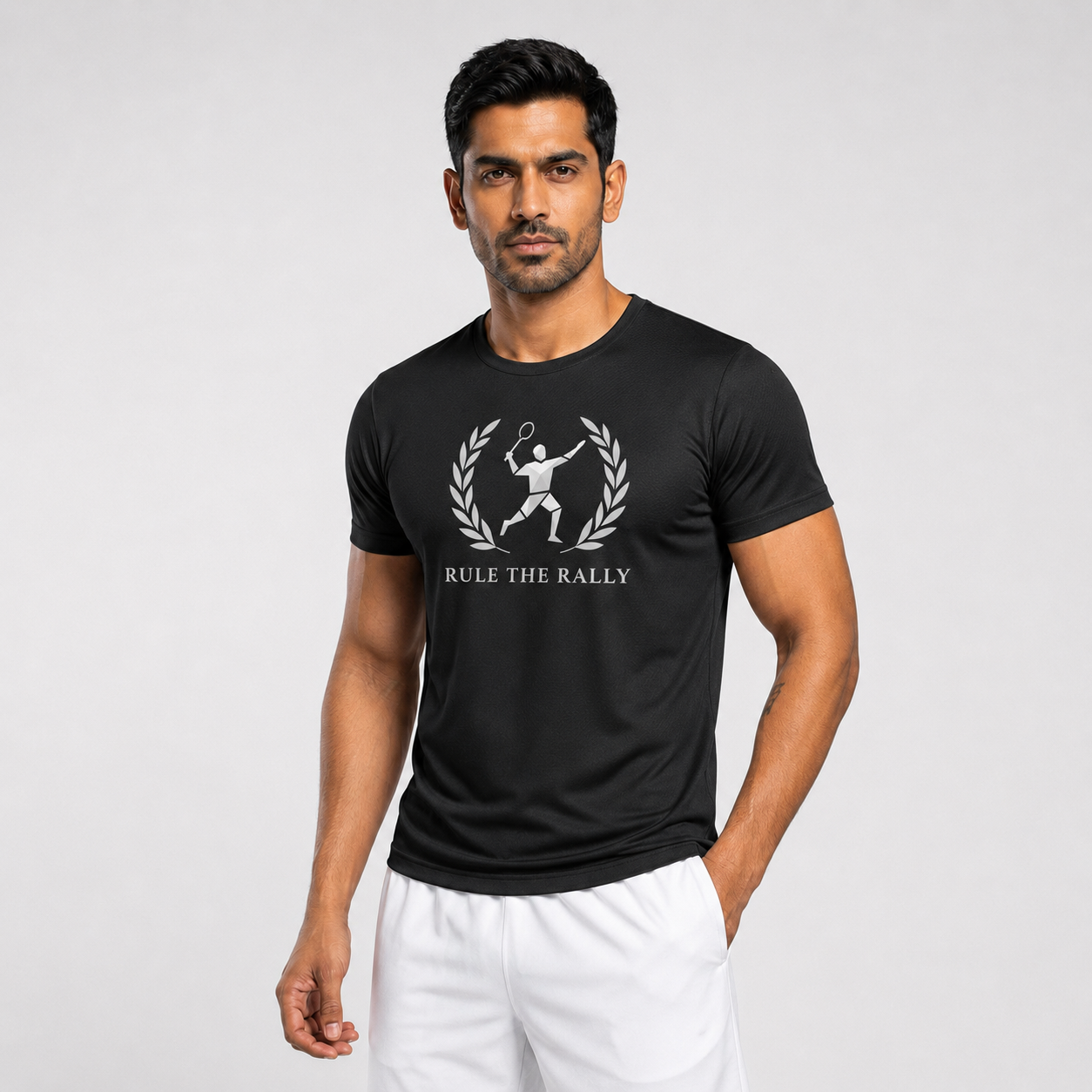 Black Badminton Rule the Rally Dry-Fit T-Shirt Full Model View - 170 GSM Breathable Lightweight Men's Sports Tee