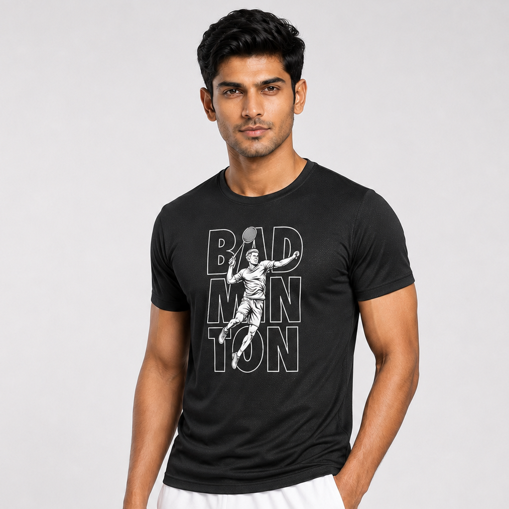 Men's Dry-Fit Badminton Smash Mode T-Shirt Front View - Bold BADMINTON Player Silhouette Graphic Black Polyester Sports Tee