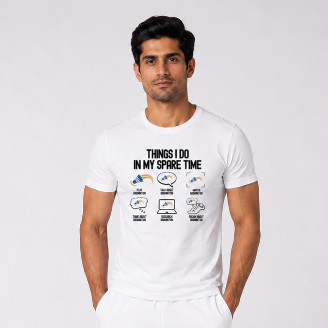 White Badminton Spare Time Dry-Fit T-Shirt Full Model View - Things I Do In My Spare Time 170 GSM Breathable Polyester Half Sleeve Men's Tee
 