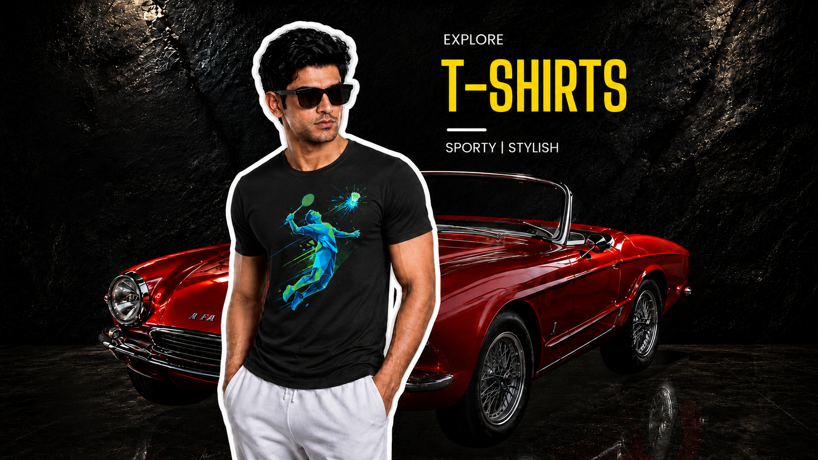 Man wearing a black t-shirt with a graphic design in front of a red car, with text promoting t-shirts.