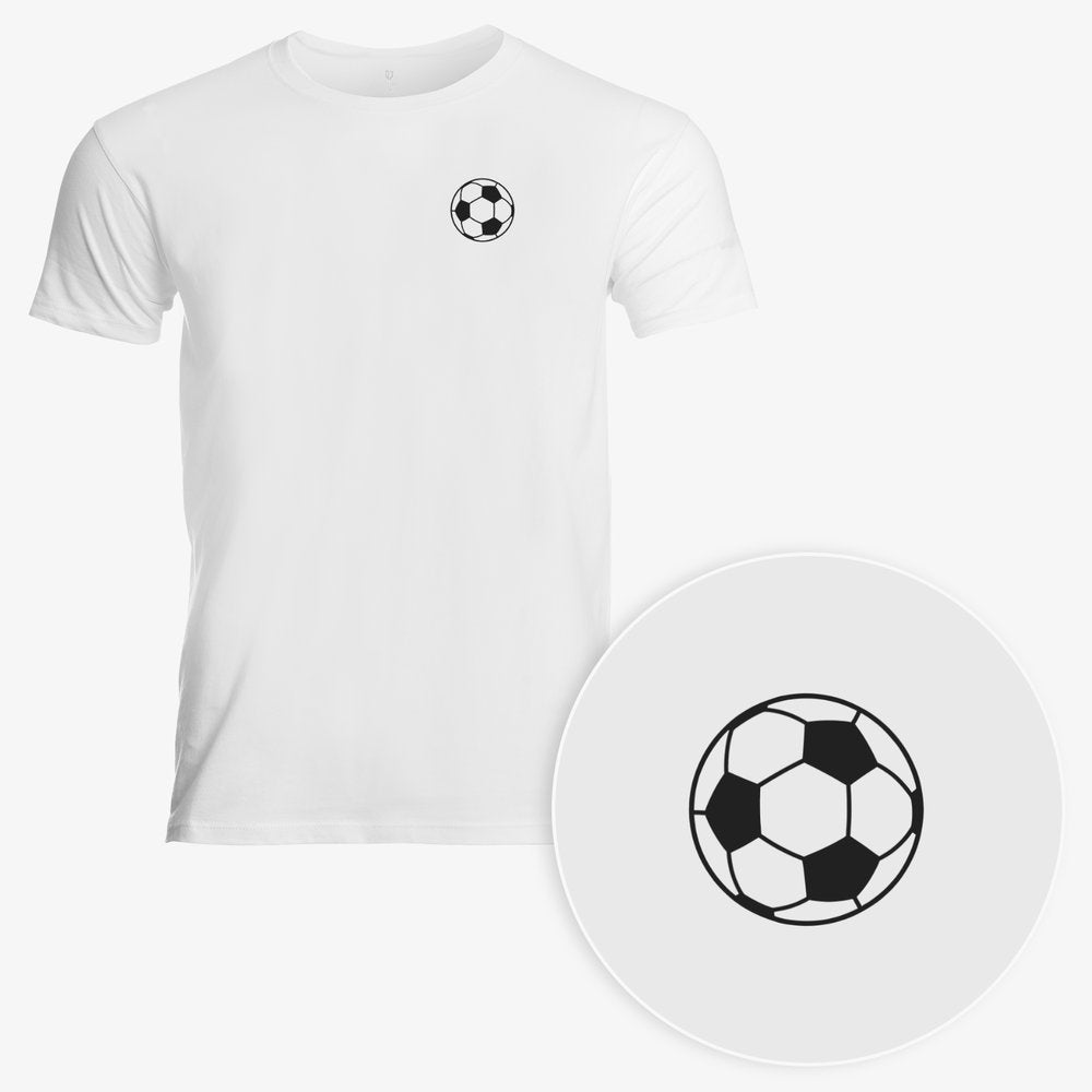 Football Soccer Doodle White Cotton T-Shirt Flat Lay - Minimalist Soccer Ball Badge Graphic 180 GSM Men's Half Sleeve Tee