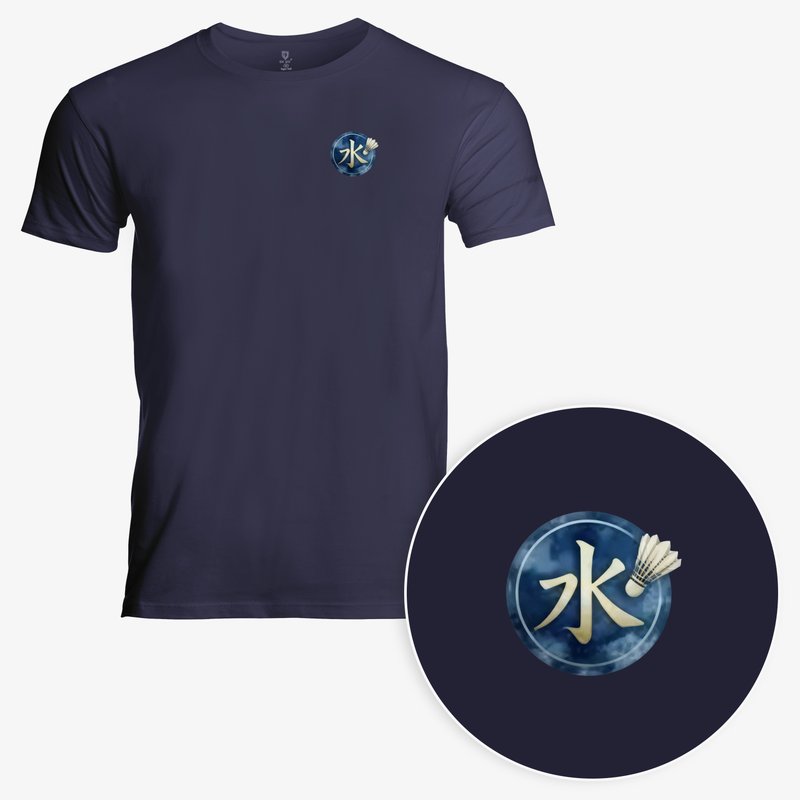 Navy Blue Badminton Anime Cotton T-Shirt with Japanese Water Kanji Logo - Men's Graphic Tee 180 GSM