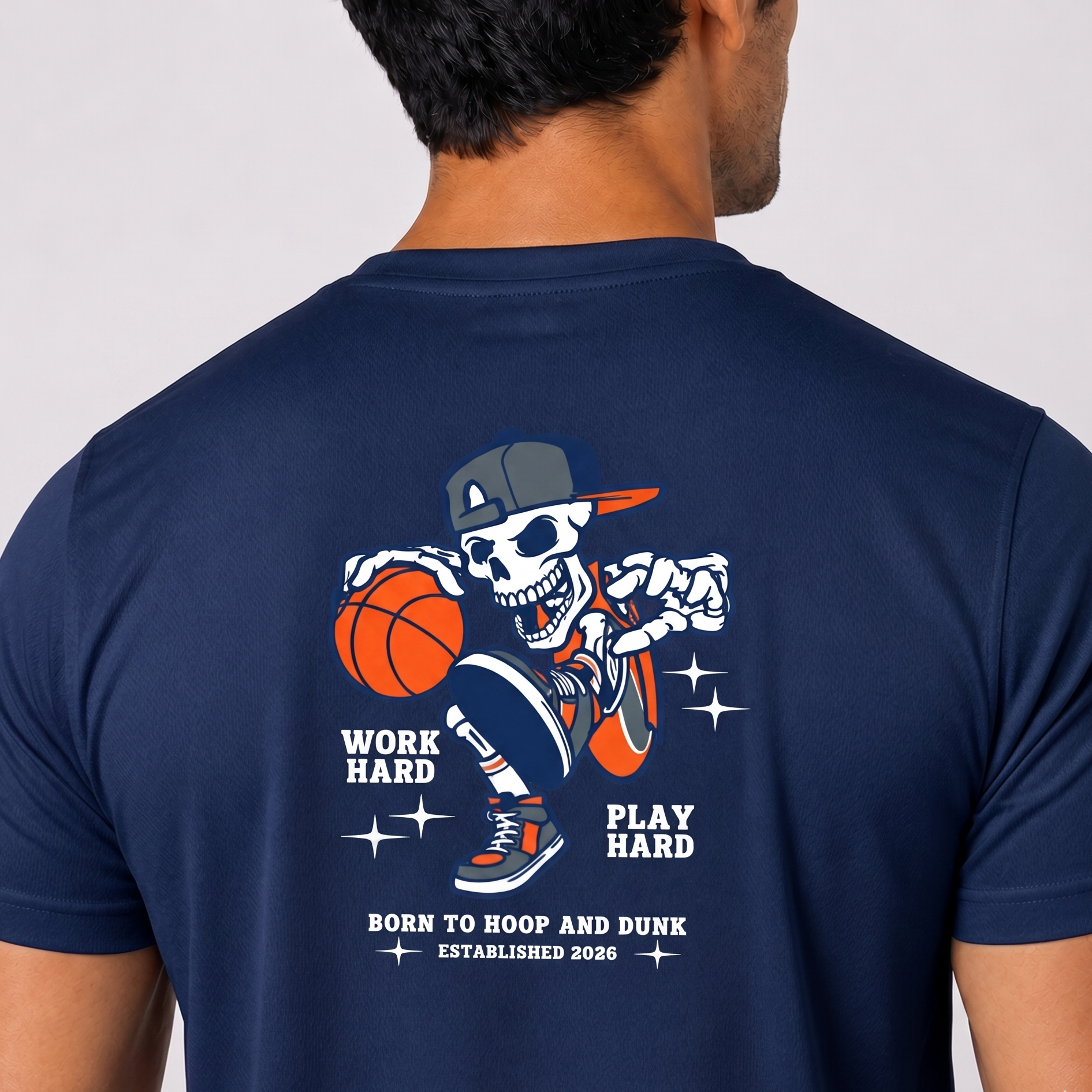 Navy blue t-shirt with a skeleton playing basketball graphic and text on the back.