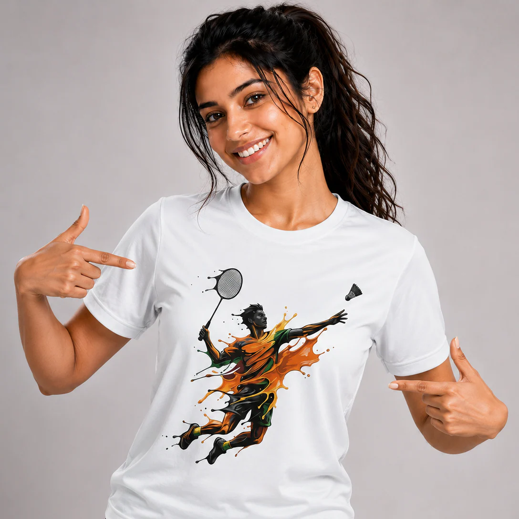 Woman wearing a white t-shirt with a colorful graphic design, pointing at the shirt.