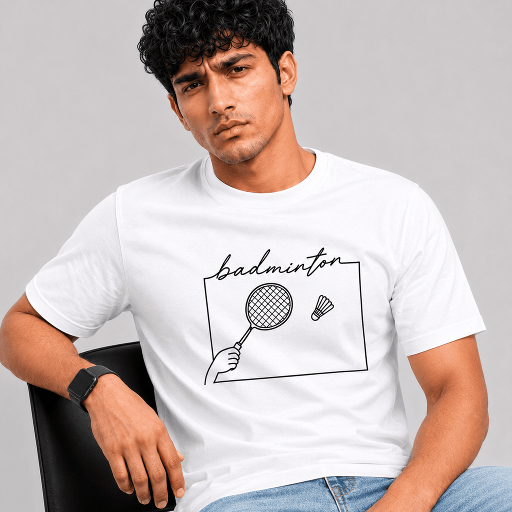 A man wearing a white short-sleeve t-shirt with a black line art graphic of a hand holding a badminton racket and a shuttlecock, with the word 'badminton' written above. He is sitting on a black chair against a solid gray background.