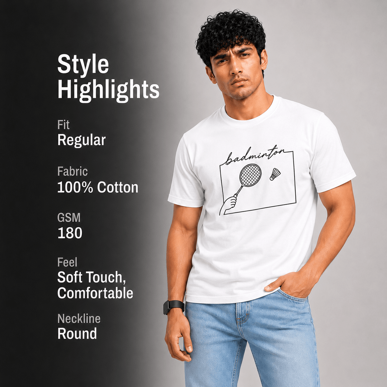 A man wearing a white short-sleeve cotton T-shirt with a black hand-drawn badminton racket graphic and the word 'badminton' on the chest, paired with light blue jeans. The left side features a dark gray text panel highlighting product features like fit, fabric, GSM, and comfort.