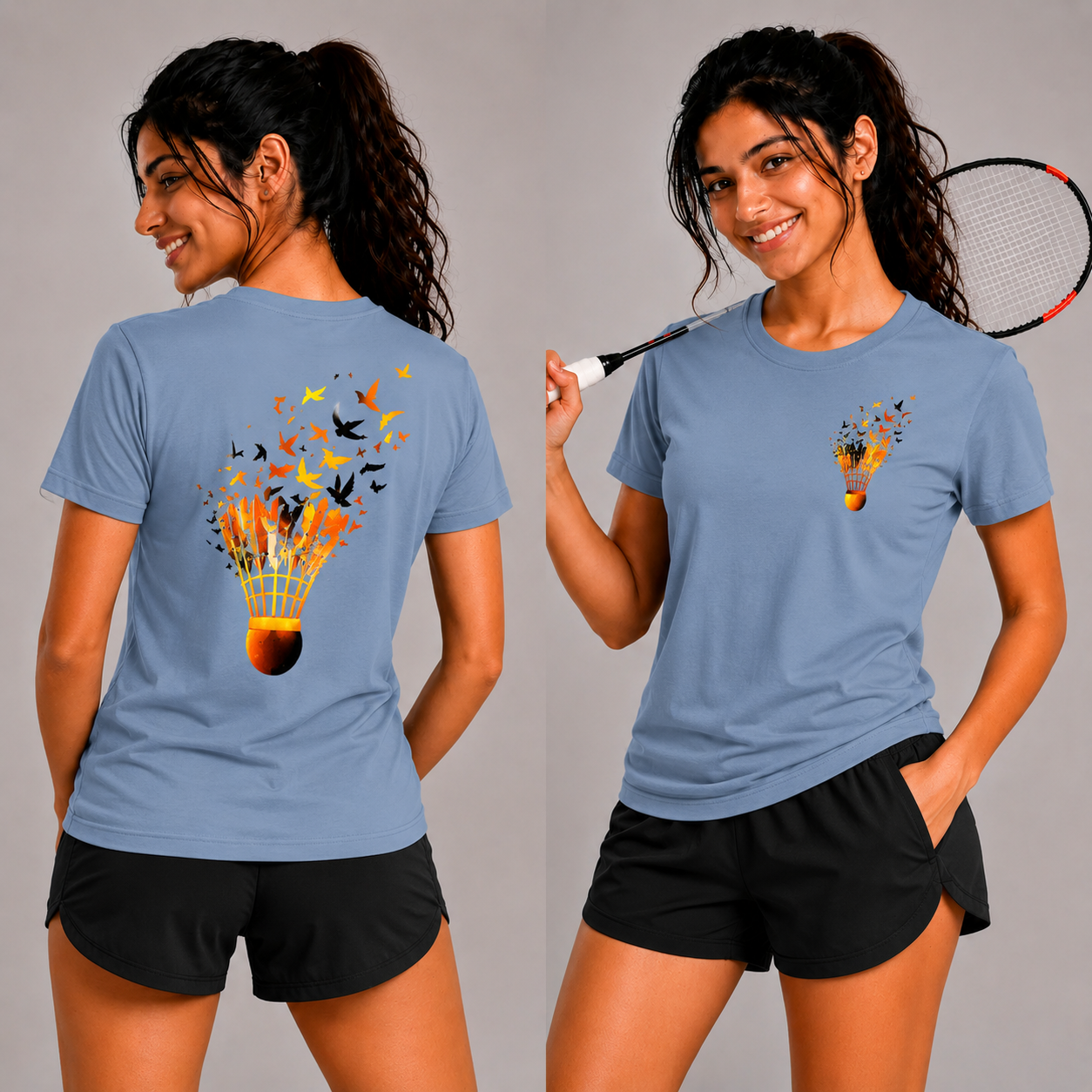 Woman wearing a blue t-shirt with a badminton shuttlecock design, holding a badminton racket.