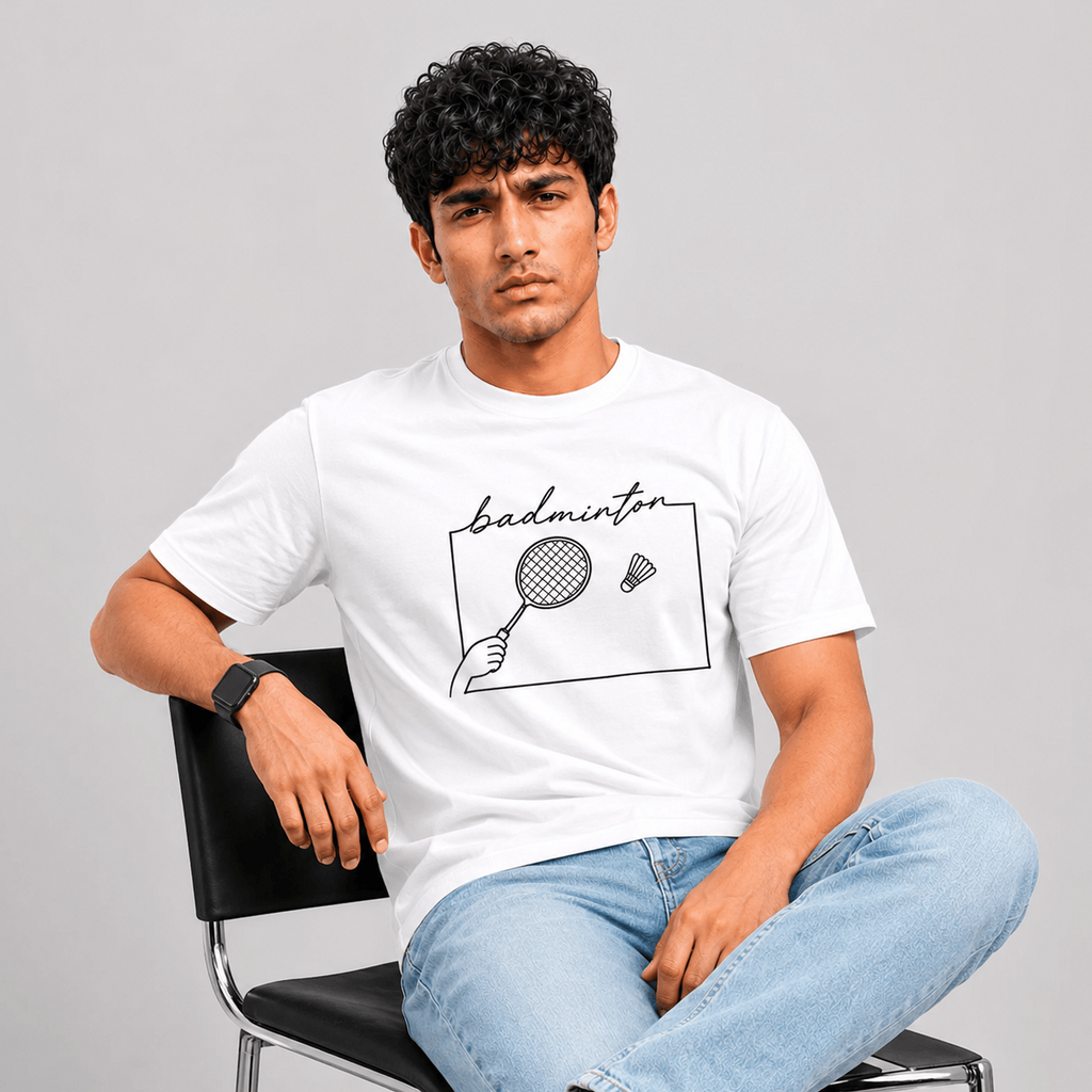 A man sitting on a black chair wearing a white graphic t-shirt with a black hand-drawn style 'badminton' design, paired with light blue jeans, against a solid gray studio background.